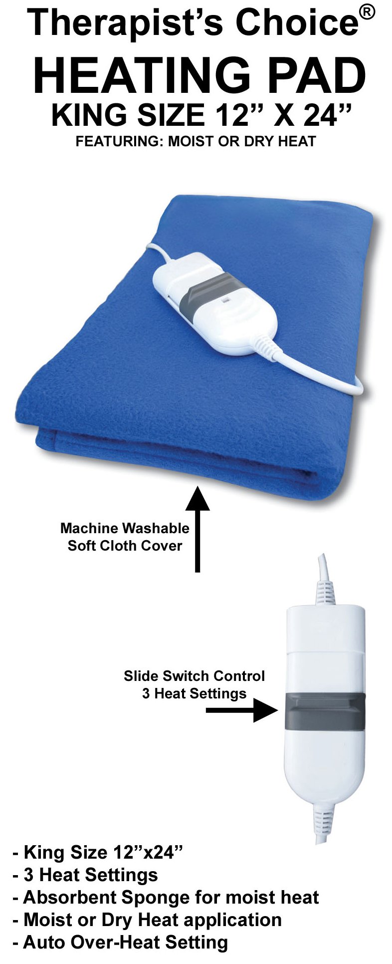 King Size Wet Dry Heating Pad, 12"x24"